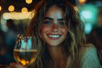 Young Caucasian woman with wavy brown hair and bright smile holding wine glass in evening setting with bokeh lights background, warm atmospheric lighting creates cozy mood.