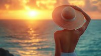 Young woman in straw sun hat watching ocean sunset, back view silhouette against golden sky and turquoise water, romantic summer vacation mood.