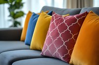 Colorful decorative throw pillows arranged on modern gray sofa in contemporary living room interior design for home comfort and style.
