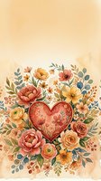 Watercolor floral heart with peonies, roses, and wildflowers in warm tones on a soft beige background for Valentine's cards.
