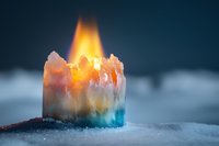 Glowing crystal candle with orange flame on snowy surface against dark background creates magical winter atmosphere. Ethereal light illuminates translucent mineral.