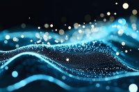 Abstract digital wave pattern with glowing blue particles and bokeh lights on dark background, representing data flow and technology connections.