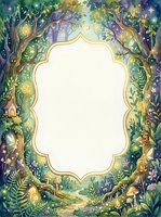Enchanted forest frame with magical glowing lights and lush foliage surrounding ornate golden border on white background for fairy tale designs.