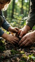 Adult and child planting young sapling together in forest soil, hands working with seedling for environmental conservation, reforestation, and sustainable nature education outdoors.