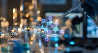 Scientist hand holding tweezers with glowing molecular structure in modern laboratory. Scientific research and chemistry concept for medical innovation.