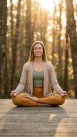 Peaceful woman practicing meditation in lotus pose on wooden deck surrounded by golden sunlight filtering through forest trees during sunset.