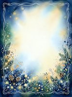 Enchanted winter frame with golden botanical elements, twinkling stars, and luminous center space surrounded by ornate border, perfect for holiday cards, invitations, and seasonal designs.