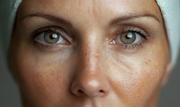 Close up macro shot of intense green eyes with natural makeup on mature Caucasian woman's face showing skin texture and pores in dramatic lighting.