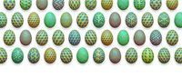 Decorative Easter eggs collection with geometric patterns in green and gold colors on white background. Seamless pattern for holiday designs and celebrations.