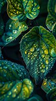 Morning dew drops on dark green leaves create natural pattern of water beads. Golden sunlight reflects in each droplet against deep emerald foliage background.