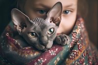 Young woman cuddling hairless sphynx cat wrapped in colorful knitted scarf. Pet care, feline companionship and cozy winter bonding moment at home.