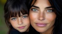 Close up portrait of mother and daughter with striking blue eyes and dark hair, showing natural beauty and family connection. Soft lighting enhances their facial features.