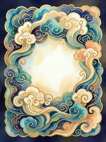 Watercolor oriental cloud frame with gold accents in teal and navy, forming a decorative border with empty center for text or design.