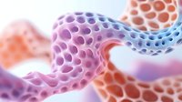Colorful cellular structure with honeycomb pattern in purple, blue, and orange tones showing organic tissue architecture for medical or scientific visualization.