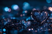 Sparkling glass hearts with blue bokeh reflections on dark surface create romantic atmosphere for Valentine's Day cards and love concepts.