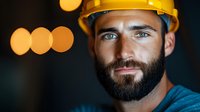 Construction worker with beard and yellow hard hat smiling confidently at camera. Dark background with bokeh lights creates professional industrial portrait.