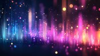 Vibrant aurora-like waves of blue, pink and yellow light with glowing particles and bokeh effects create dynamic abstract background pattern.