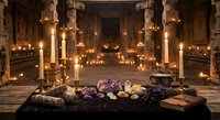 Ancient temple interior with healing crystals amethyst and candles creating mystical spiritual atmosphere for meditation wellness and energy healing practices.