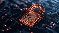 Glowing copper padlock with fingerprint pattern on dark circuit board background, representing digital security and biometric authentication technology.