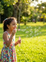 Young girl with curly dark hair and medium skin tone blowing soap bubbles in sunny park setting, wearing colorful floral dress, enjoying outdoor playtime and summer activities.