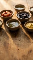 Assorted condiments and sauces in wooden bowls on rustic table for cooking and food preparation in kitchen restaurant setting.