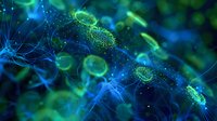 Microscopic view of glowing green bacteria cells and blue neural connections in dark background, scientific visualization for medical research and biotechnology studies.