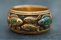 Vintage gold ring with ornate fish design featuring emerald green enamel details and intricate metalwork pattern on textured band, photographed in macro on dark surface.