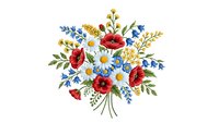 Wildflower bouquet with red poppies, blue cornflowers and white daisies on transparent background. Folk art floral arrangement for greeting cards.