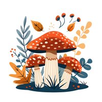 Red spotted mushrooms with autumn foliage and berries in folk art style on white background, isolated botanical illustration for seasonal designs.