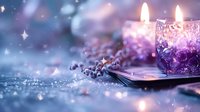 Glowing purple candles in decorative holders with lavender sprigs create magical ambiance against sparkly bokeh background, romantic holiday atmosphere.