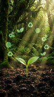 Green seedling sprouting from soil in lush forest with floating eco-friendly icons representing sustainability, recycling and environmental conservation concepts.