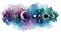 Mystical celestial symbols with eye, moon phases, sun and sacred geometry on watercolor background for spiritual design projects.