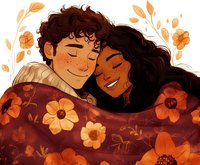 Young diverse couple sharing tender moment wrapped in floral blanket, surrounded by orange flowers and autumn leaves, warm romantic illustration in cozy style.