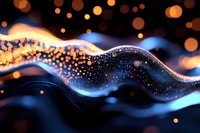 Abstract flowing wave with golden particles and bokeh lights creating dynamic energy motion on dark background for modern digital design concepts.
