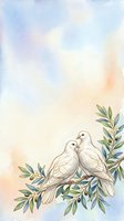 Pair of white doves perched on olive branch with green foliage against soft watercolor wash background in pastel tones. Suitable for wedding invitations, peace concepts, and greeting cards.