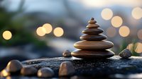 Balanced zen stones pyramid on dark rock with soft bokeh lights in background creating peaceful spa and meditation atmosphere.