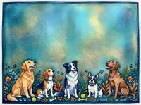 Five dogs sit among colorful flowers and paw prints on a teal watercolor background, leaving space for text or design elements.