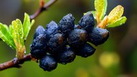 Fresh ripe dark blue sloe berries growing on branch with green leaves covered in morning dew drops, natural wild fruit macro photography in autumn garden.