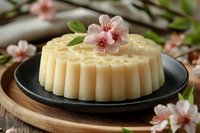 Traditional Asian pudding dessert with delicate floral pattern on black plate, decorated with fresh pink cherry blossoms, served on wooden board.