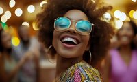Young African American woman with natural afro hair wearing sunglasses and colorful ethnic print top laughs joyfully against blurred festive bokeh lights background.