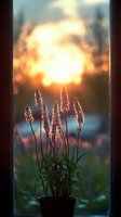 Delicate flowering plant silhouetted in window against dramatic golden sunset sky, creating magical backlit glow through translucent petals and leaves.