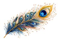 Vibrant peacock feather with iridescent blue and gold eye spots on white background, isolated for graphic design projects and decorative elements.