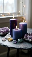Purple candles burning with healing crystals and amethyst on slate surface creating peaceful meditation atmosphere for wellness and spiritual practices.