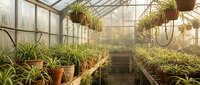 Sunlit greenhouse interior with lush green plants on wooden shelves and hanging baskets creating peaceful gardening atmosphere for botanical cultivation.