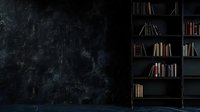 Dark moody interior with black bookshelf against textured wall. Minimalist library setting creates atmospheric space for literary and design projects.