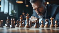 Mature bearded businessman in dark suit contemplating chess strategy at wooden board, focused on making next move in atmospheric office setting.