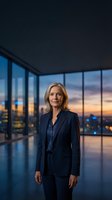 Confident mature businesswoman in navy suit standing in modern office with city skyline view at sunset for corporate leadership concepts.