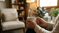Woman hands holding warm coffee mug in cozy living room with bookshelf and plants creating peaceful morning atmosphere for relaxation and comfort at home.