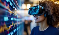Young African American woman wearing virtual reality headset interacting with financial data visualization and stock market charts in modern digital environment.