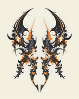 Symmetrical tribal wings design in black and orange on beige background, featuring curved lines and ornate swirling patterns. Isolated artwork suitable for tattoo or graphic design.
